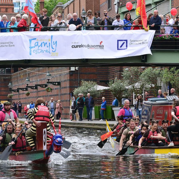 People in rowboats, rowing down a canal for a charity event in Brindleyplace, Birmingham.