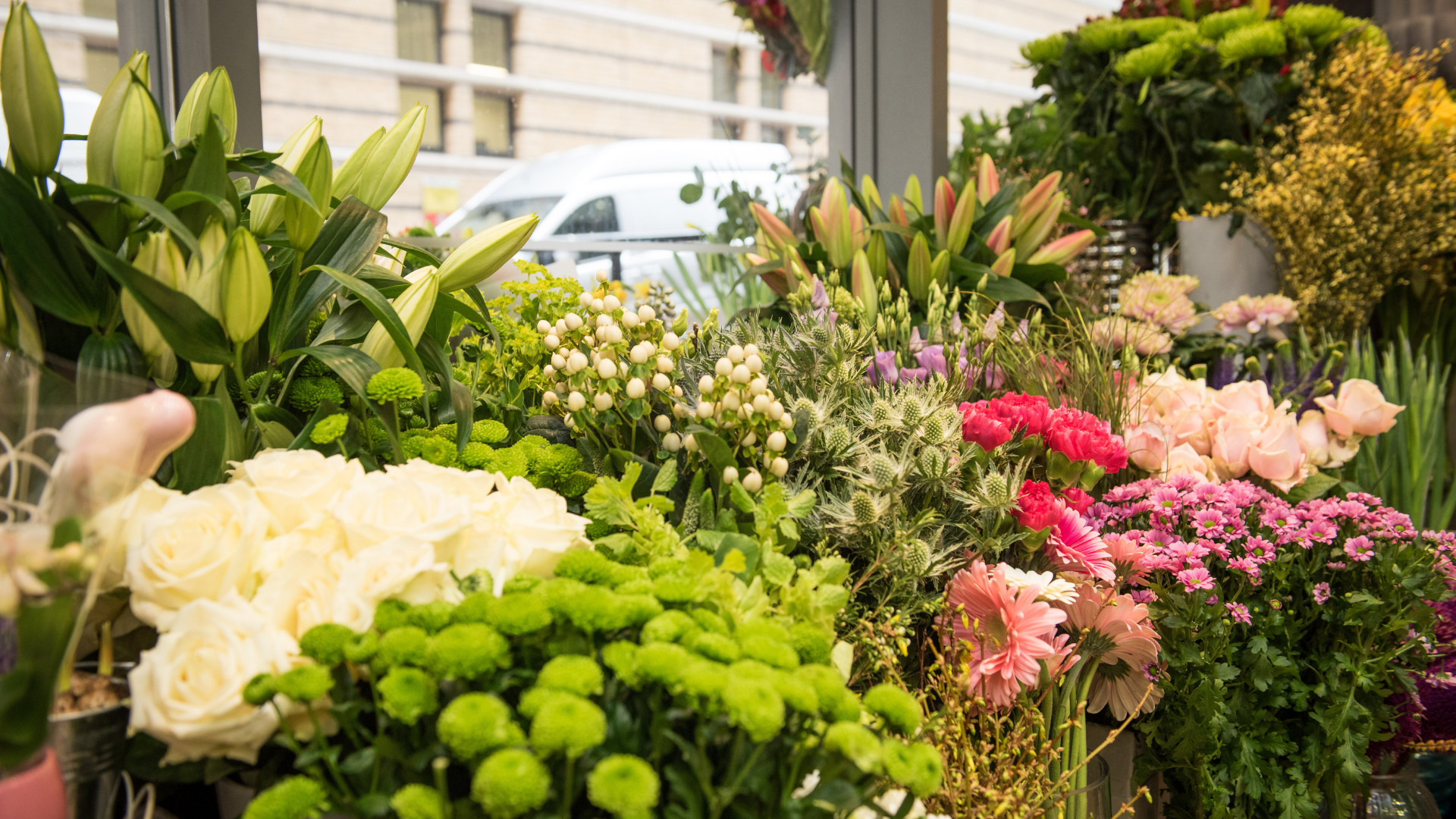Close-up of beautifully arranged flowers at Ethos florists in Brindleyplace, Birmingham.