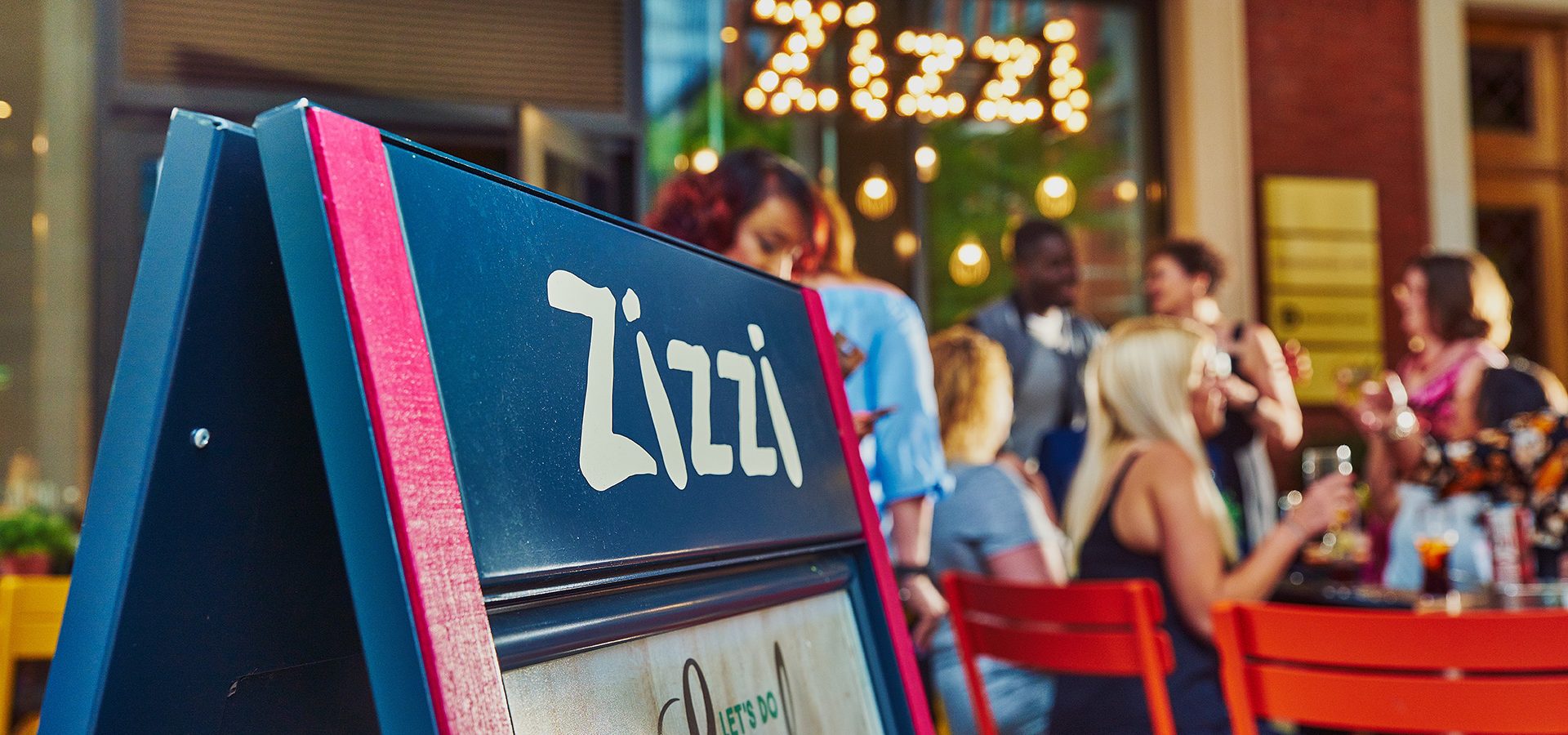 Exterior signage at Zizzi restaurant in Brindleyplace, Birmingham.