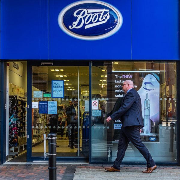 Exterior signage of Boots in Brindleyplace, Birmingham.