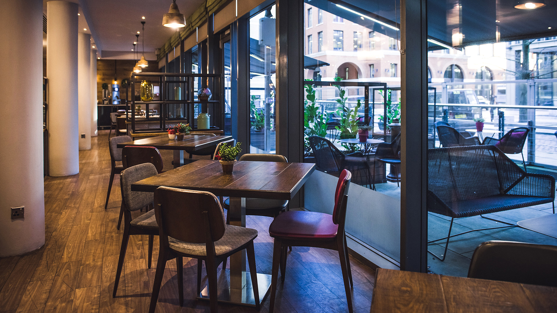 Tables and chairs inside Recess at Brindleyplace in Birmingham.