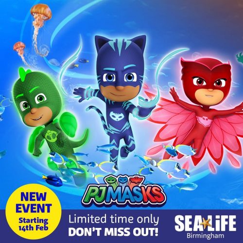 PJ Masks team members Gekko, Catboy and Owlette are on a blue background with jellyfish for a National SEA LIFE Centre activity.