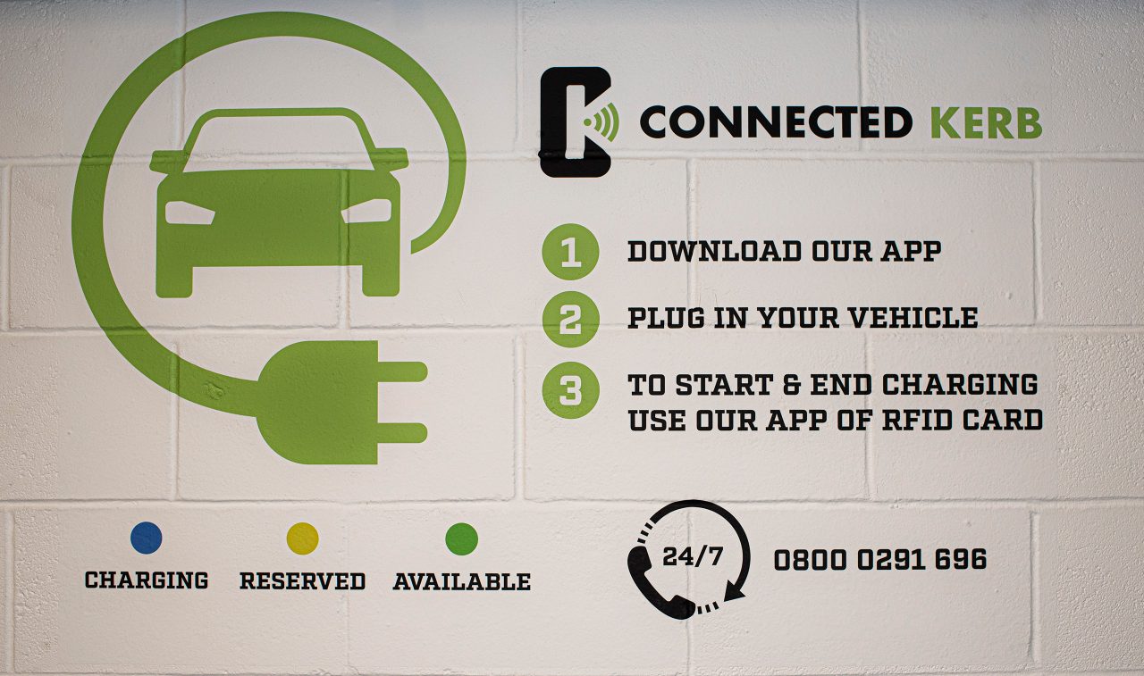 Instructions on how to use the Connected Kerb electric car charging points at Brindleyplace. Download the app, plug in your vehicle and scan the RFID card to start or end charging. 24/7 Support via phone on 0800 0291 696.