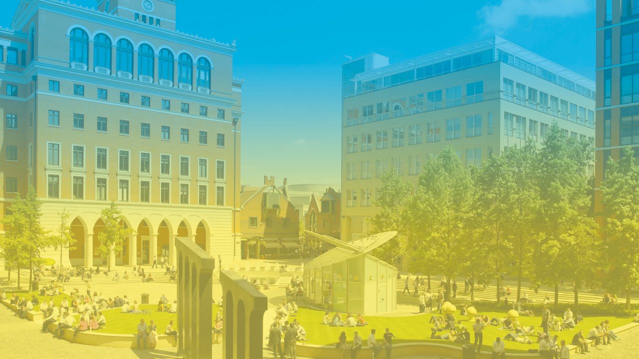 Picture of Brindleyplace Central Square on a beautiful sunny day with a gradient of the Ukrainian flag colours over it from blue to yellow.