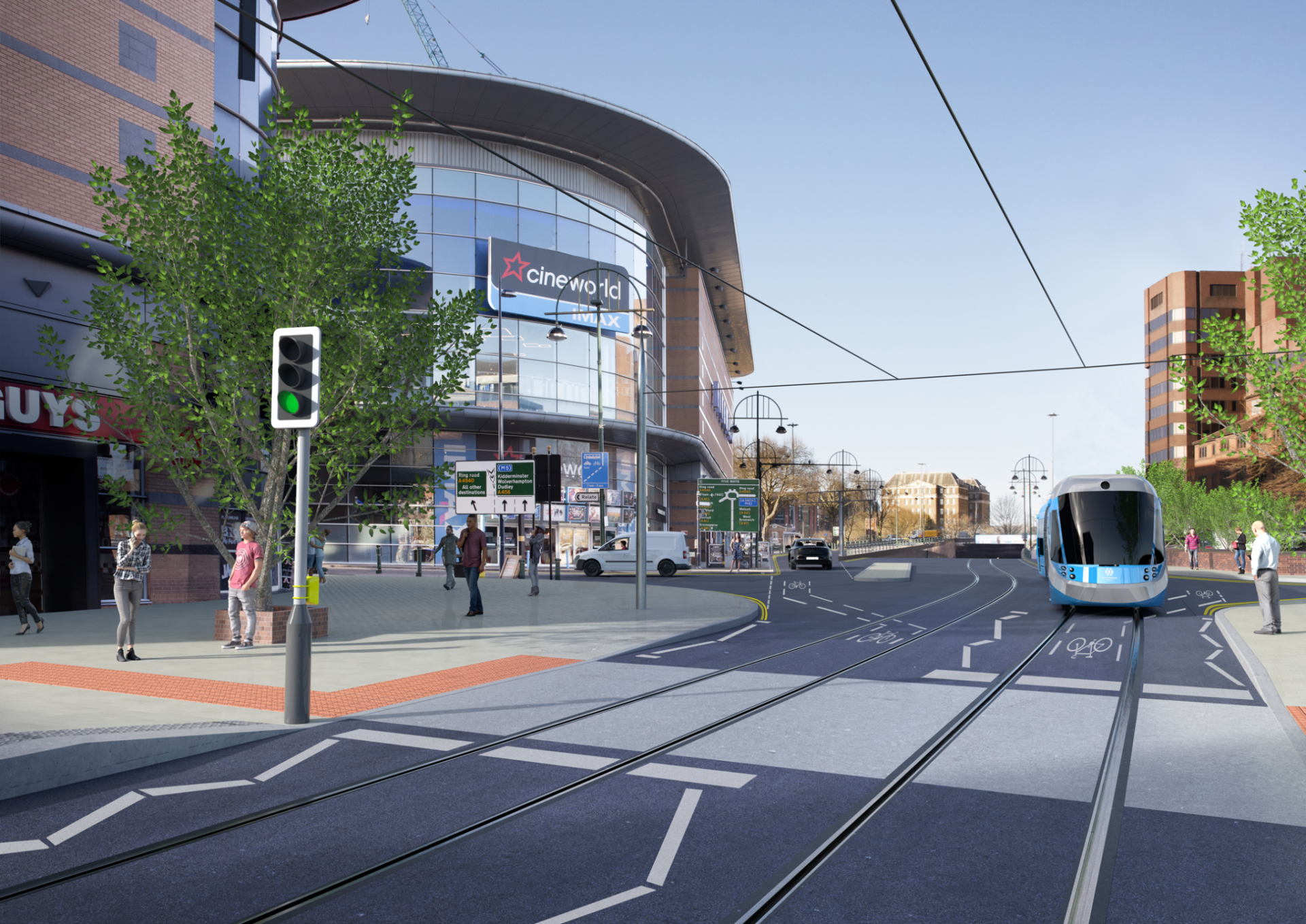 A cgi image of Five Ways tram with Cineworld in the background and a tram in the right lane.