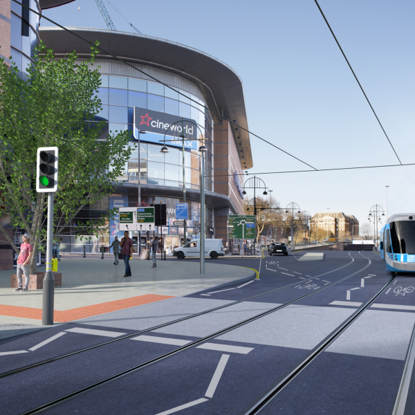 A cgi image of Five Ways tram with Cineworld in the background and a tram in the right lane.