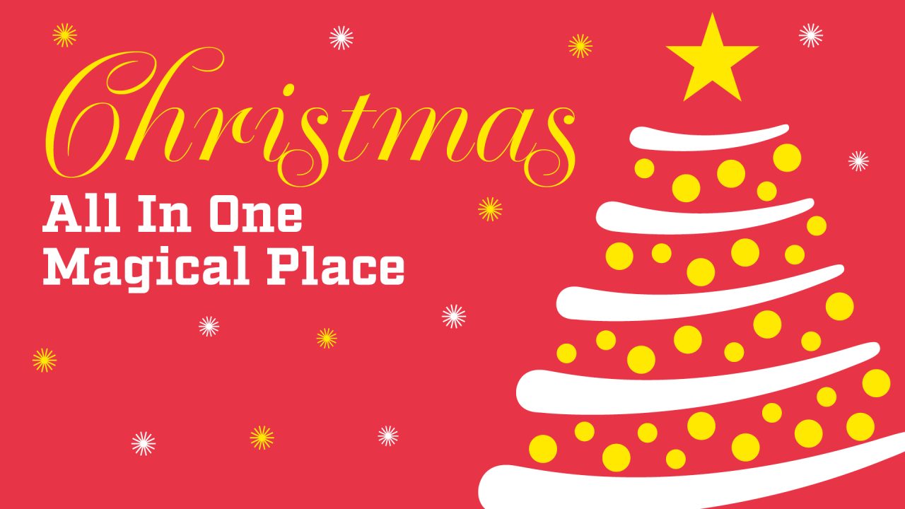 Text reading: Christmas all in one magical place with a stylised white and gold Christmas tree to the right,