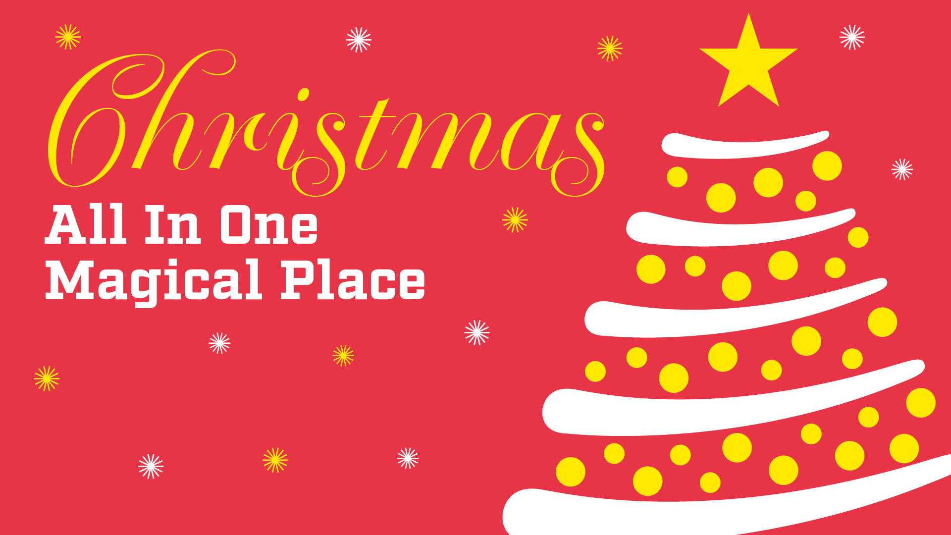 Text reading: Christmas all in one magical place with a stylised white and gold Christmas tree to the right,