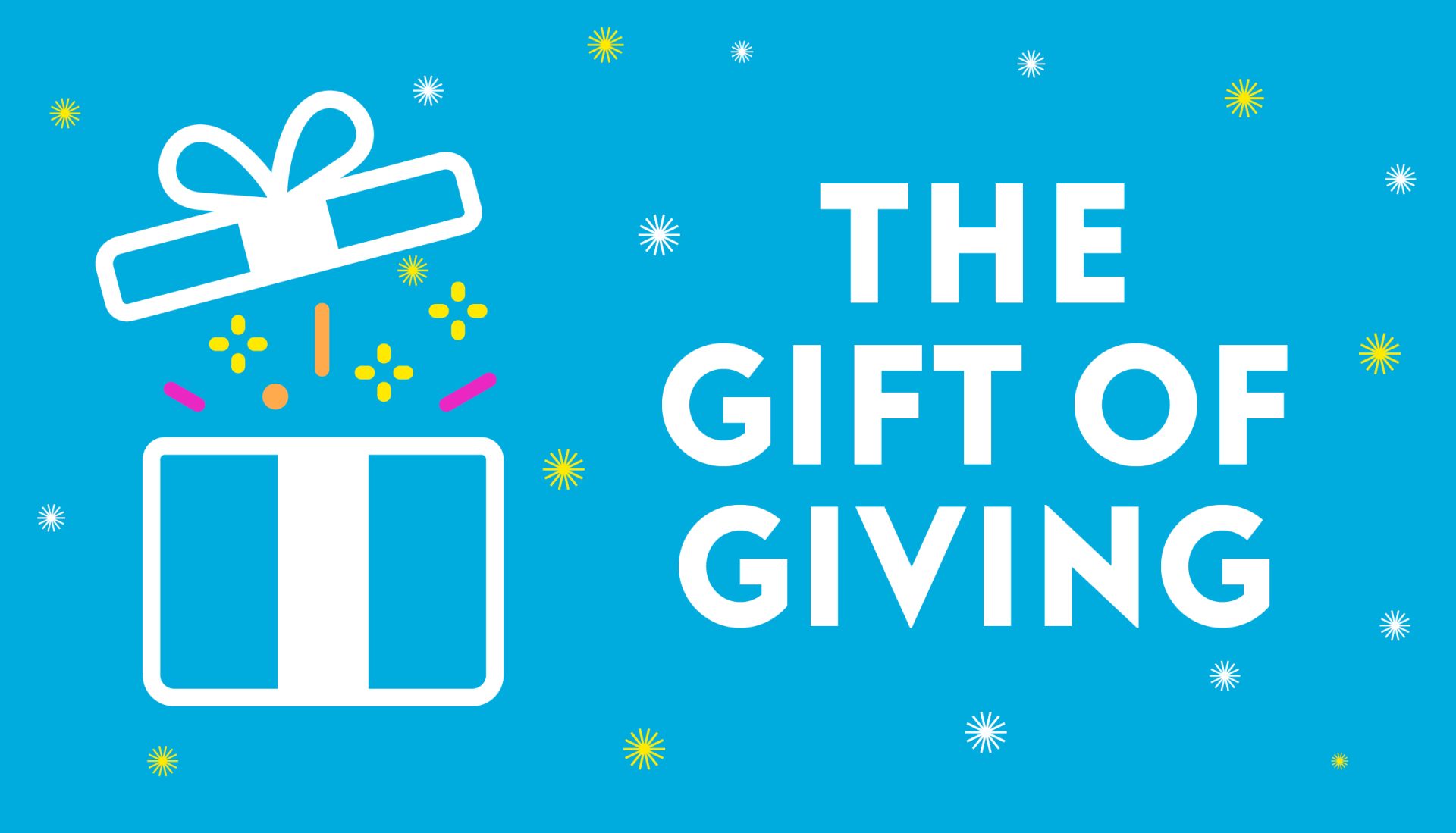 A white line art present on a blue background with The Gift of Giving in white.